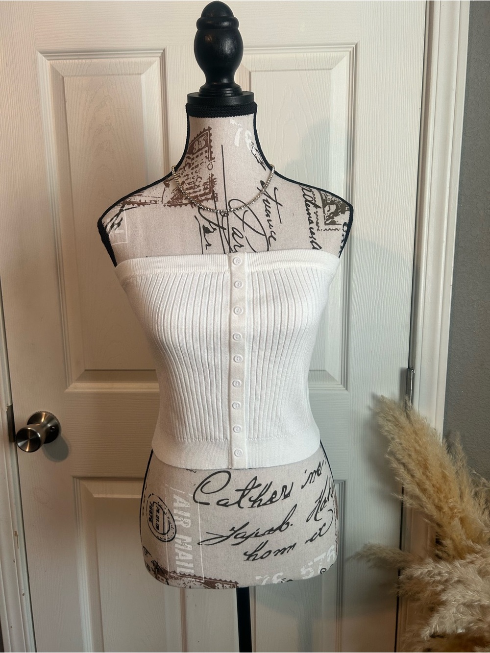 Ribbed Strapless Button-Front Crop Top - White